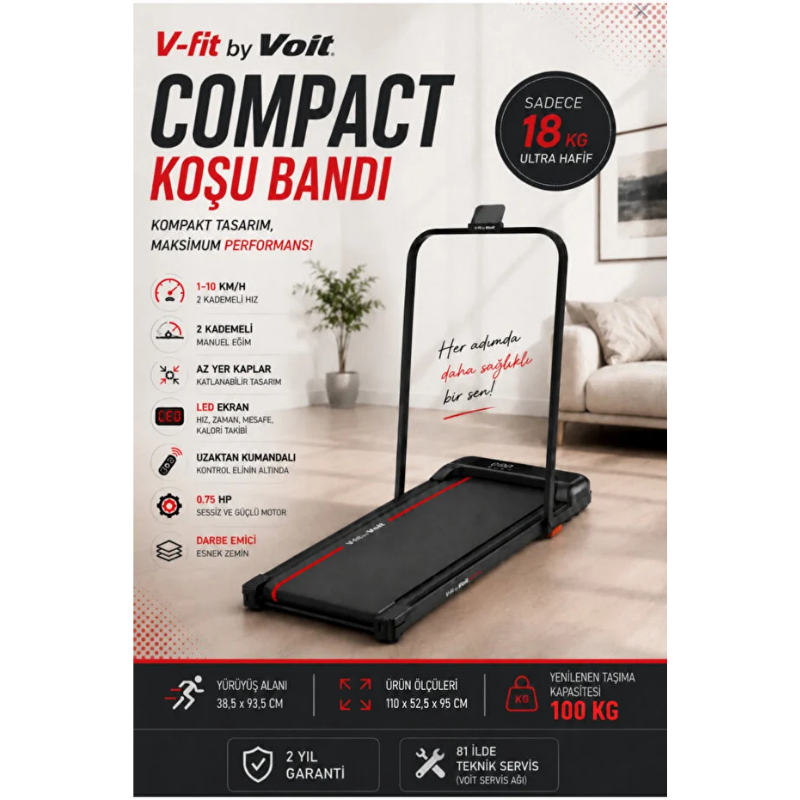 Voit Compact Katlanabilir Koşu ve Yürüyüş Bandı – Manuel Eğimli, Uzaktan Kumandalı, 10 km/h