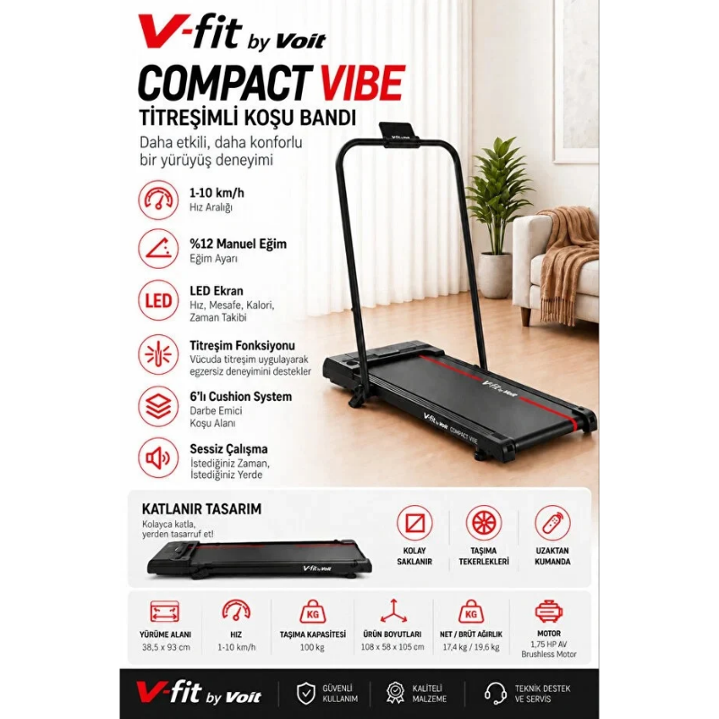 Voit Compact Vibe Katlanabilir Titreşimli Koşu Bandı Eğimi Ayarlı Brushless Motor Loop Bant Seti Hediyeli