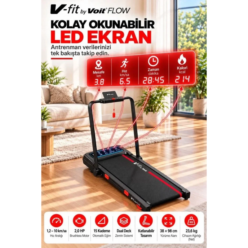 Voit Flow Katlanabilir Koşu Bandı 15 Kademe Otomatik Eğim Bluetooth 2 Hp Brushless Motor