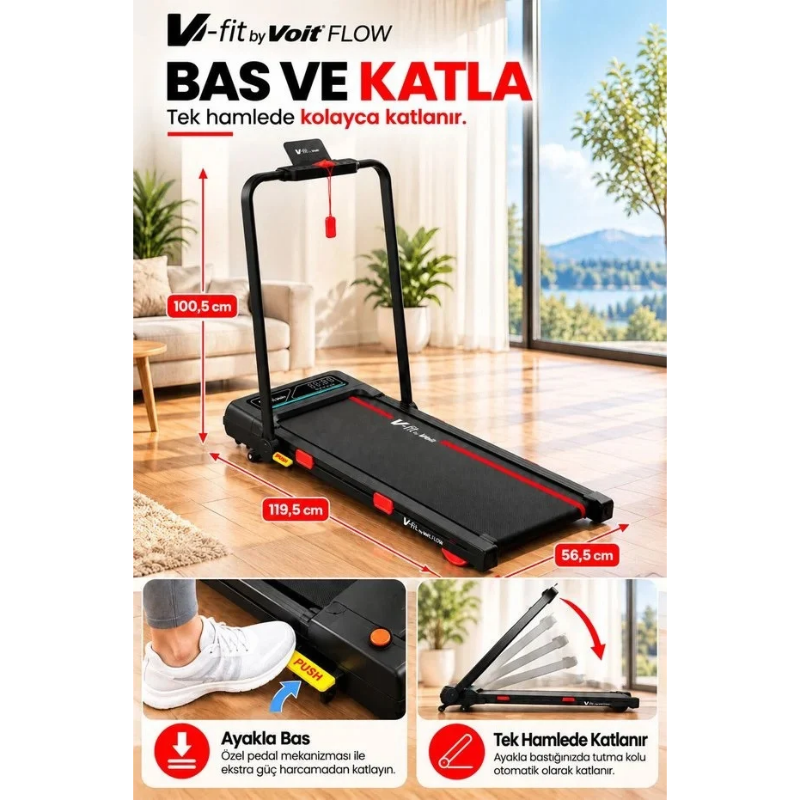 Voit Flow Katlanabilir Koşu Bandı 15 Kademe Otomatik Eğim Bluetooth 2 Hp Brushless Motor