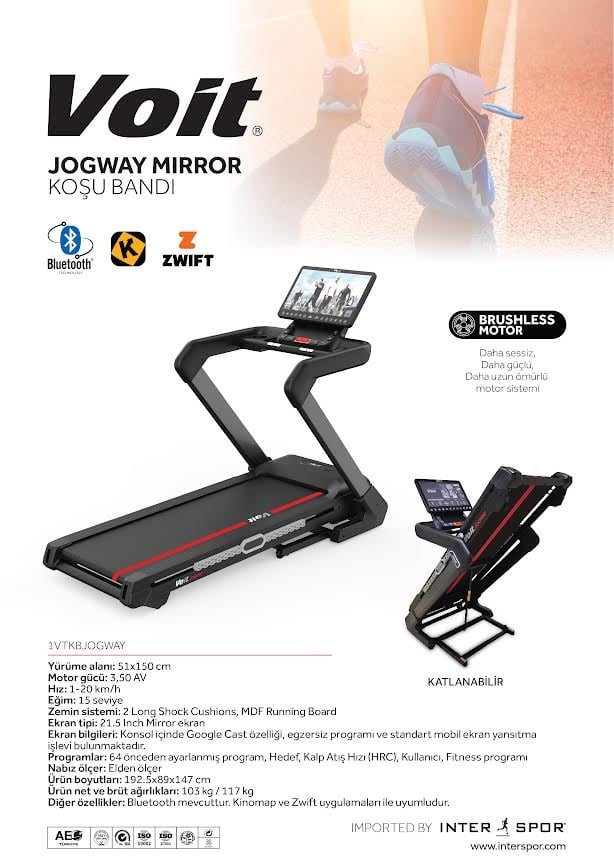 Voit Jogway Mirror Koşu Bandı 3.5 HP Brushless Motor, 20 km/h, 15 Kademe Eğim, 15