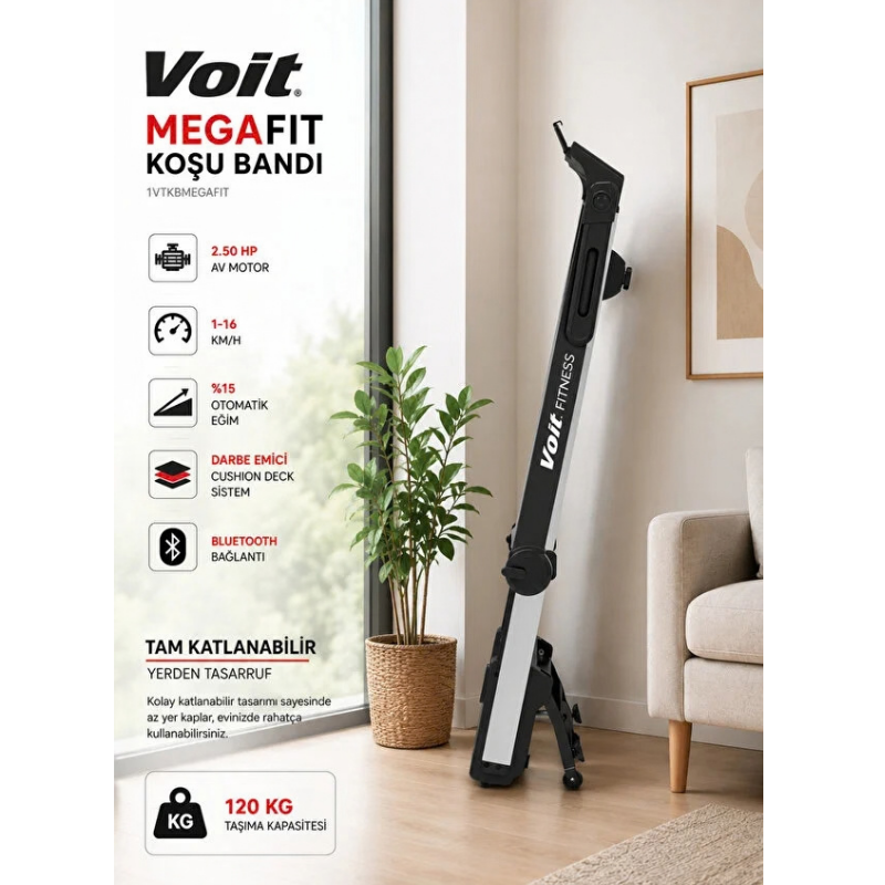 Voit Mega Fit Otomatik Eğimli 50X125 cm Geniş Bant Koşu Bandı 16KM Hız Bluetooth Uygulama Kurulum Gerektirmez