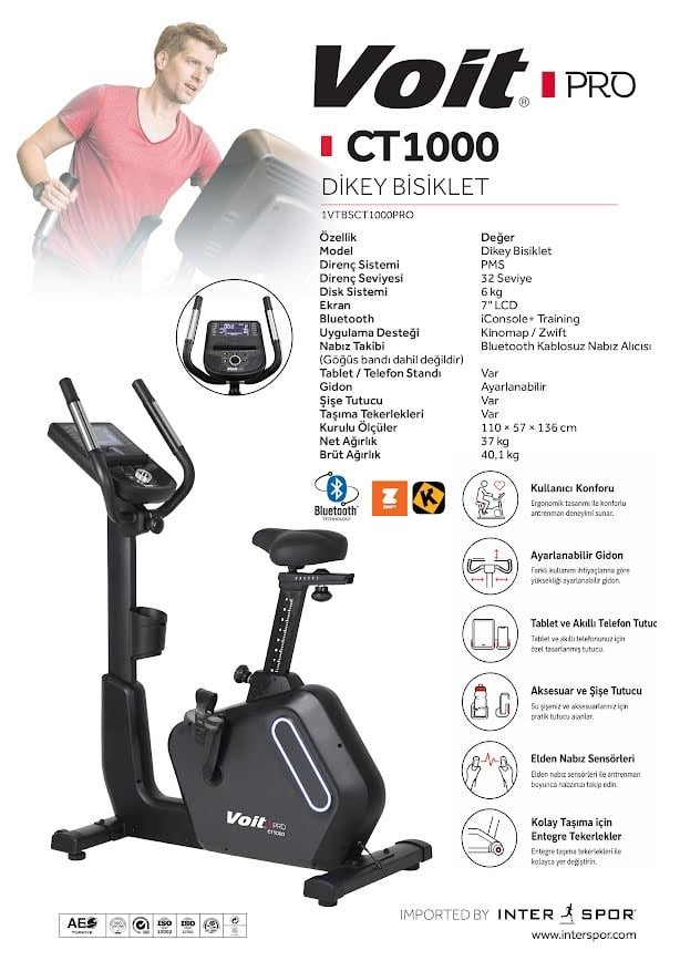 Voit Pro CT1000 Dikey Kondisyon Bisikleti Bluetooth'lu 32 Kademe Manyetik Dirençli LCD Ekranlı