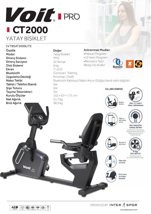 Voit Pro CT2000 Bluetooth'lu 32 Kademeli Manyetik Yatay Kondisyon Bisikleti
