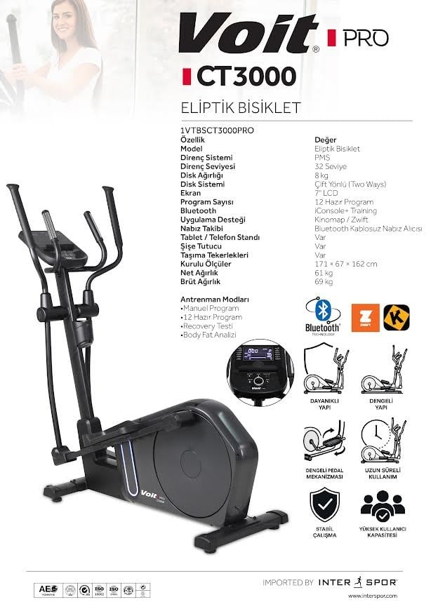 Voit Pro CT3000 Profesyonel Eliptik Bisiklet, 32 Kademe PMS, Bluetooth, Kinomap & Zwift
