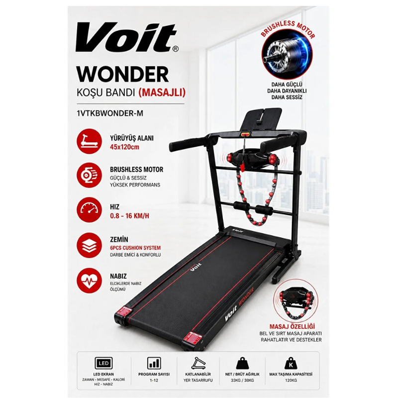 Voit Wonder Masajlı Katlanabilir Koşu Bandı 16 Km/H Brushless Motorlu Ev Tipi Fitness Bandı