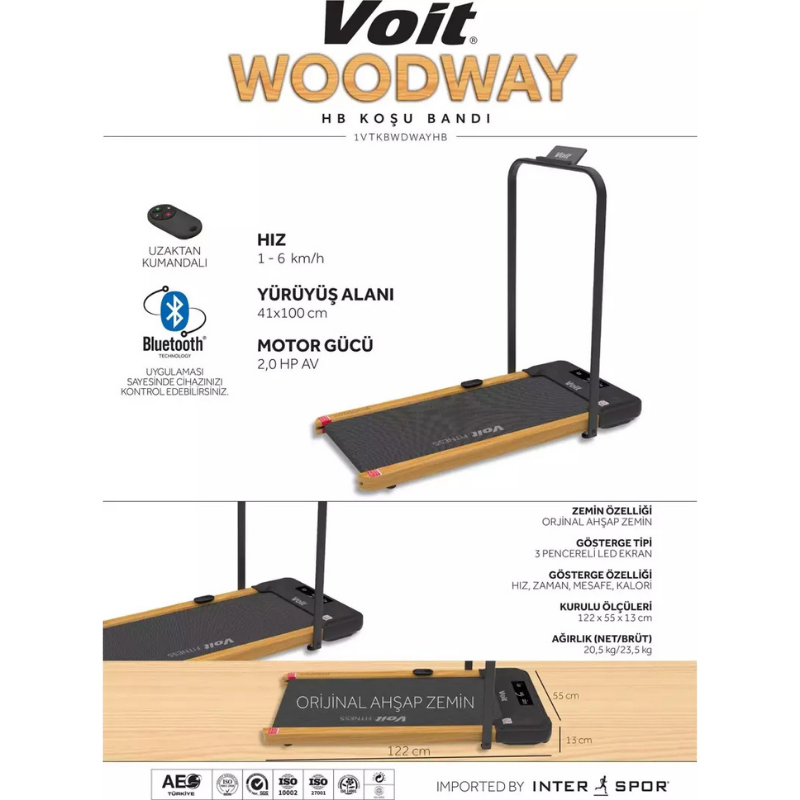 Voit Woodway Tutma Kollu Ultra İnce Uzaktan Kumandalı Bluetoothlu Uygulama Destekli Katlanabilen Koşu Bandı