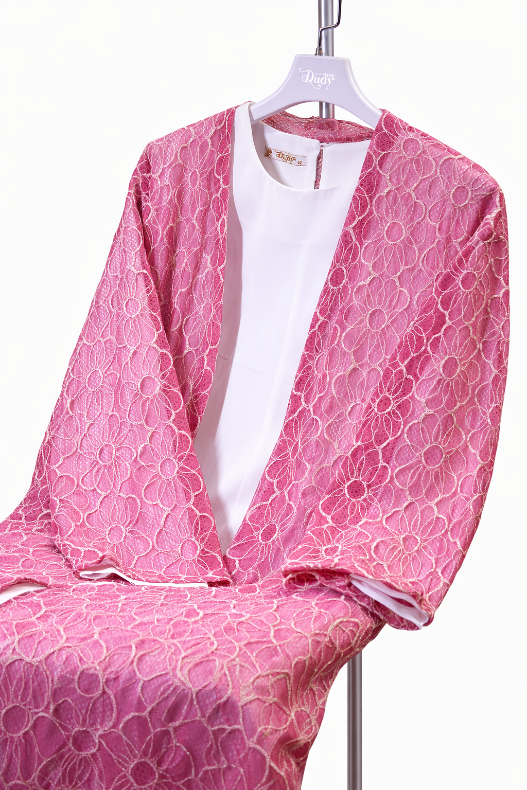 Duay Pembe Beyaz Dantel Detaylı Abaya Elbise Takım