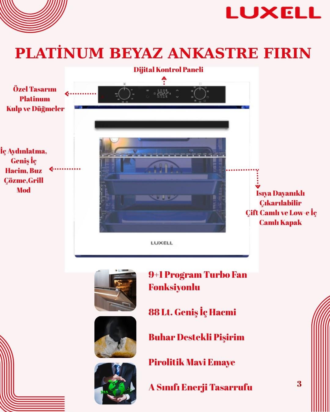 Luxell 88 Lt Plus Beyaz Cam Ankastre Set