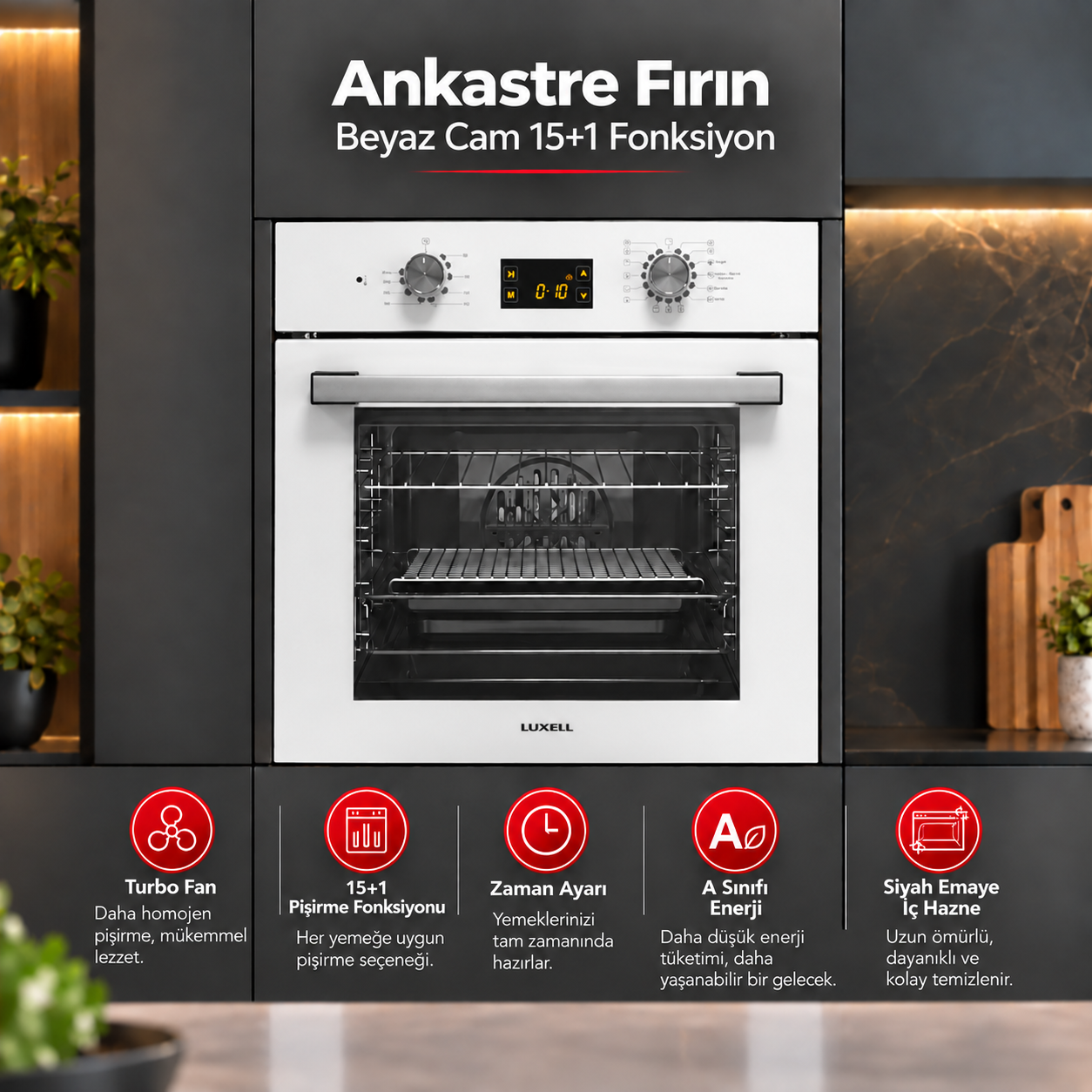 Luxell Ankastre Fırın Beyaz Cam Opall 15+1 Fonksiyon Dijital  – B66-SGF3