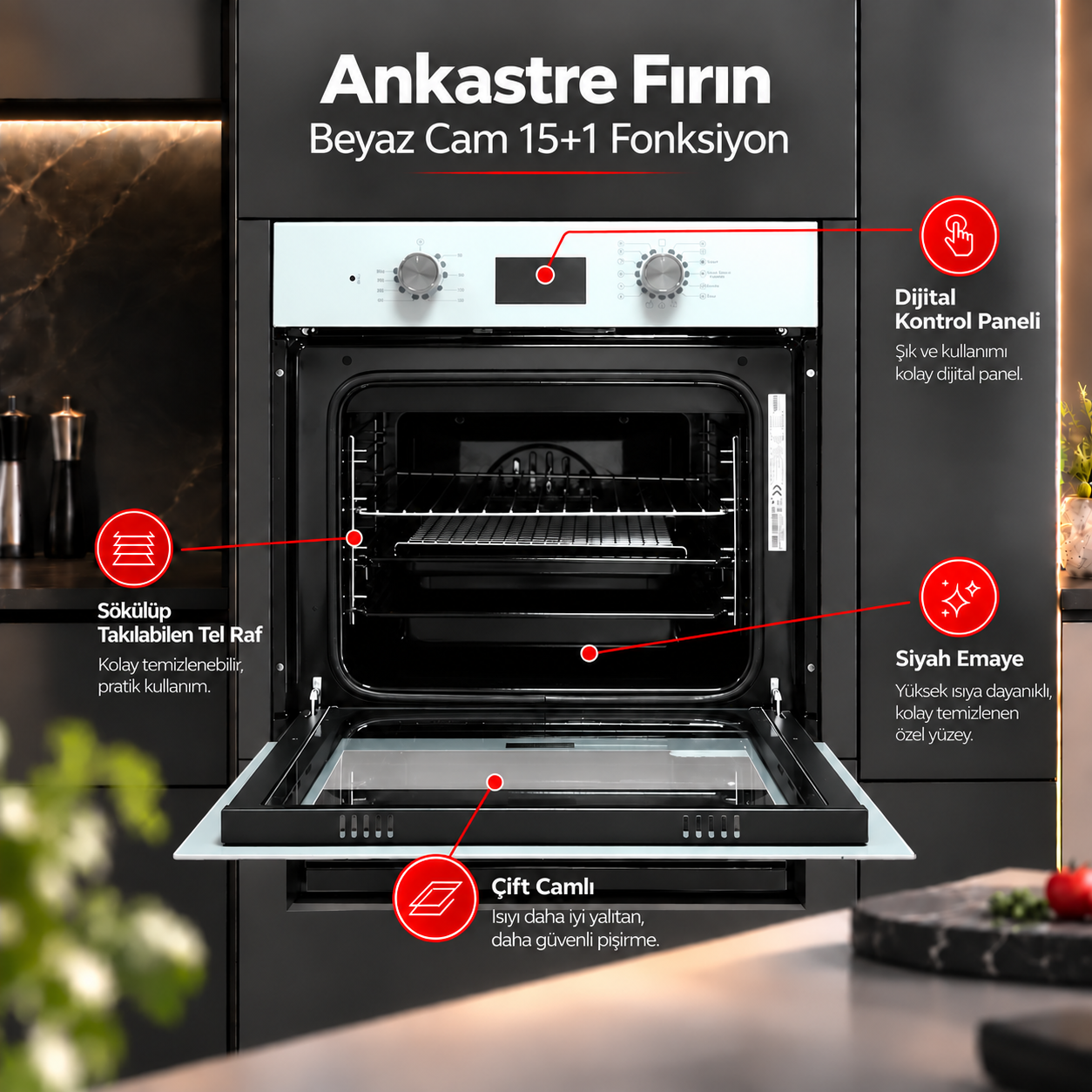 Luxell Ankastre Fırın Beyaz Cam Opall 15+1 Fonksiyon Dijital  – B66-SGF3