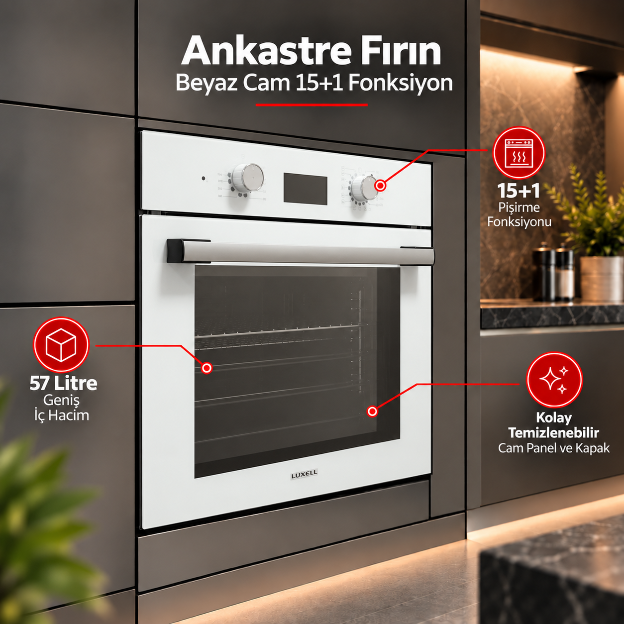 Luxell Ankastre Fırın Beyaz Cam Opall 15+1 Fonksiyon Dijital  – B66-SGF3