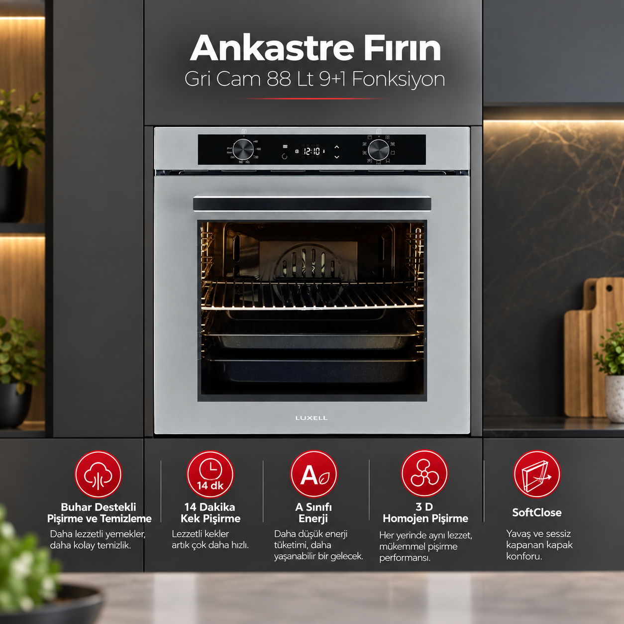 Luxell Ankastre Fırın Gri Cam 88 Lt 9+1 Fonksiyon Dijital – A68-SGF3