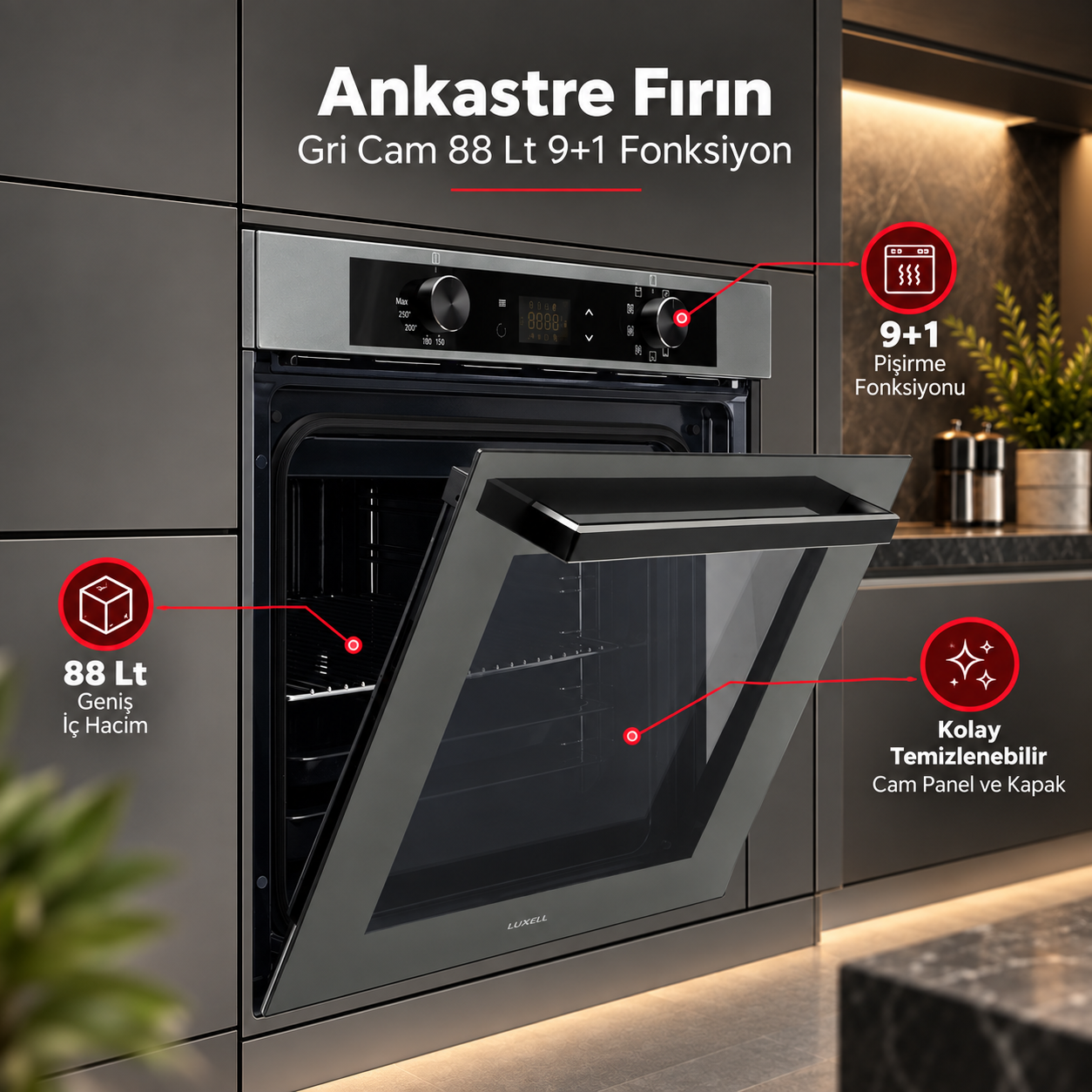 Luxell Ankastre Fırın Gri Cam 88 Lt 9+1 Fonksiyon Dijital – A68-SGF3