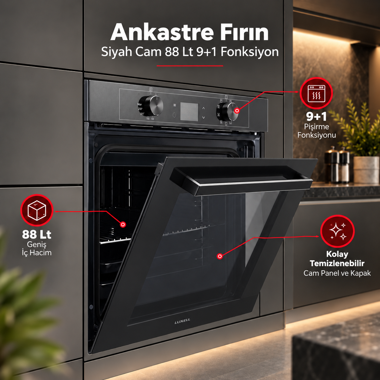 Luxell Ankastre Fırın Siyah Cam 88 LT 9+1 Fonksiyon Dijital – A68-SGF3