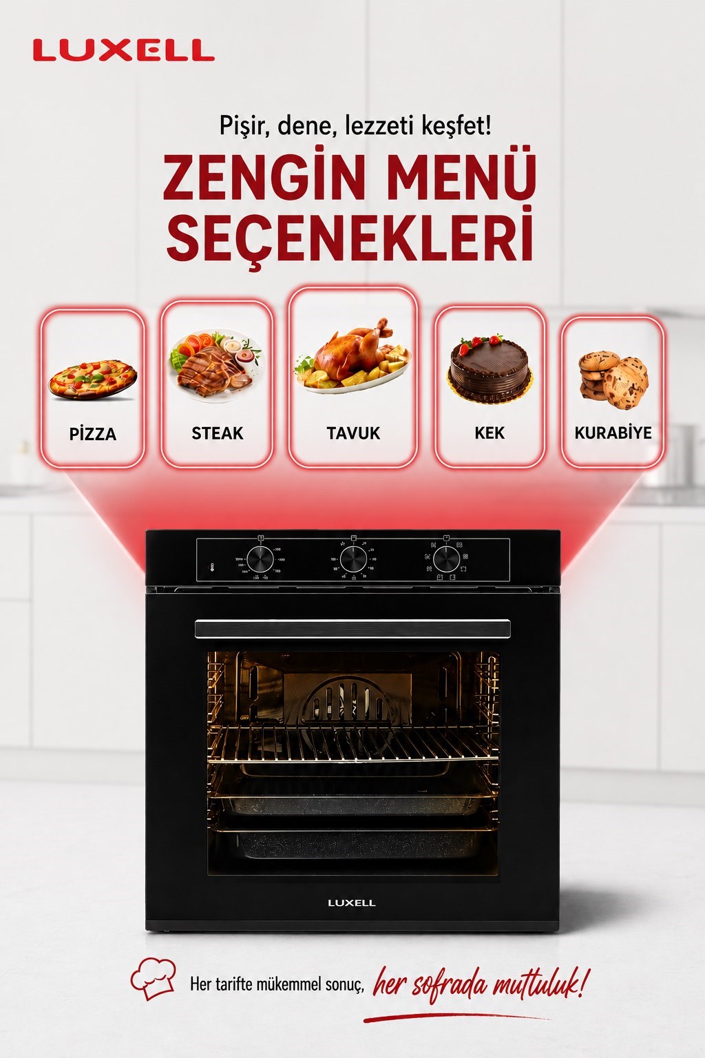 Luxell Ankastre Fırın Siyah Cam 88 Lt 8+1 Fonksiyon 3 Düğme – A68-SF3