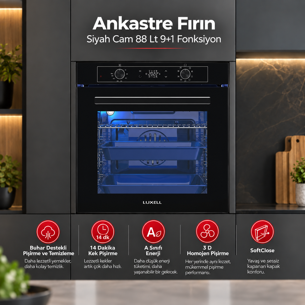 Luxell Ankastre Fırın Siyah Cam 88 LT 9+1 Fonksiyon Dijital – A68-SGF3