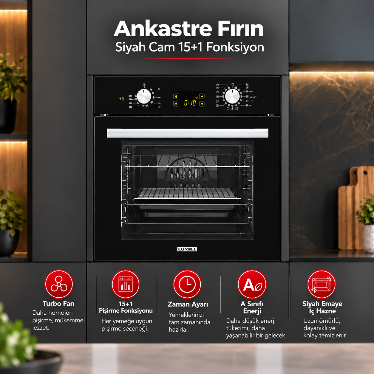Luxell Ankastre Fırın Siyah Cam Opall 15+1 Fonksiyon Dijital  – B66-SGF3