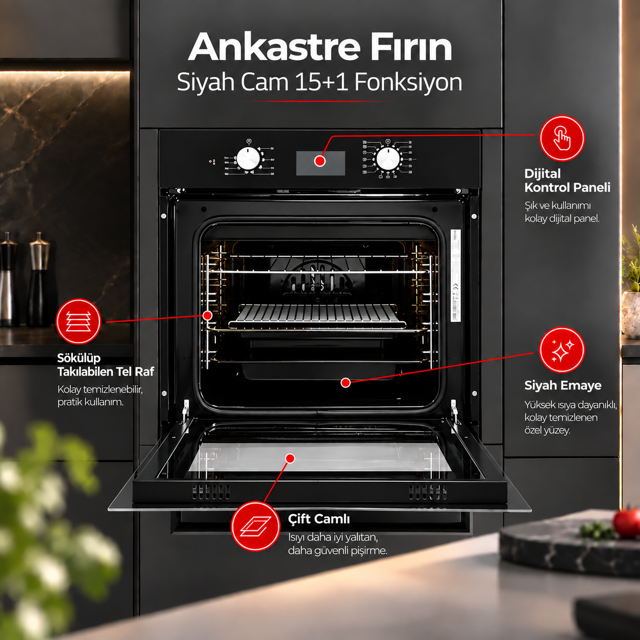 Luxell Ankastre Fırın Siyah Cam Opall 15+1 Fonksiyon Dijital  – B66-SGF3