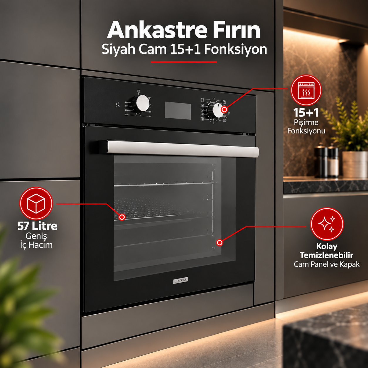 Luxell Ankastre Fırın Siyah Cam Opall 15+1 Fonksiyon Dijital  – B66-SGF3