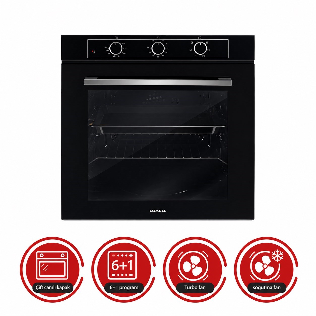 Luxell Optimum Ankastre Fırın Siyah Cam 6+1 Fonksiyon 3 Düğme Izgara – A68-SF3