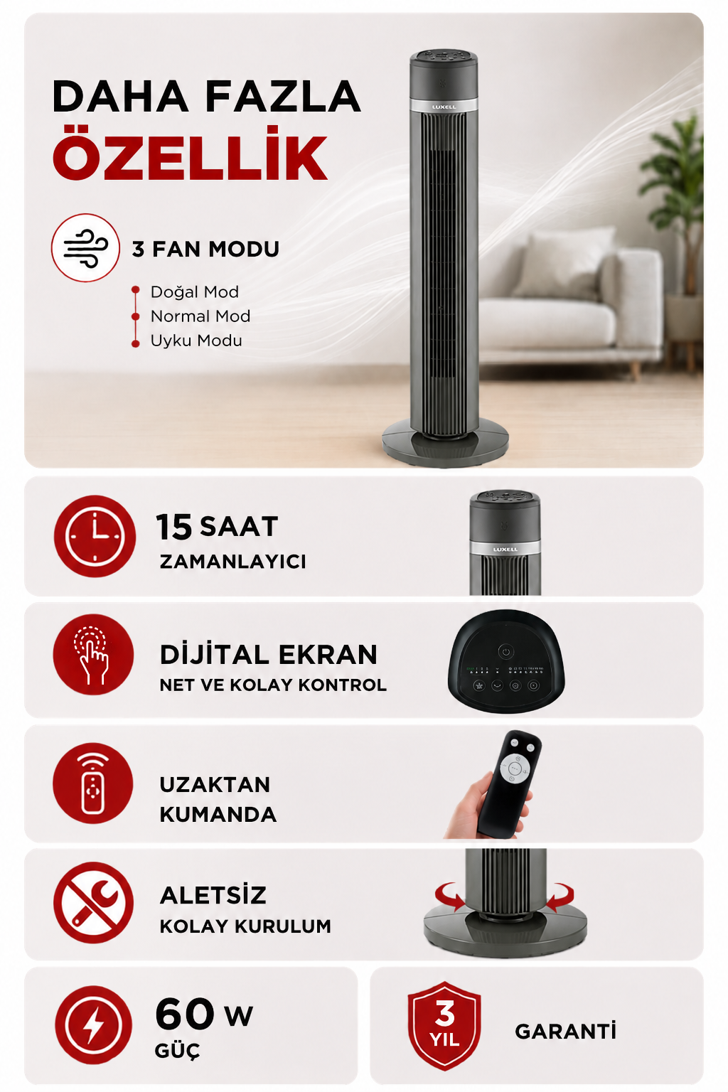 Luxell Plus 60W Uzaktan Kumandalı Kule Tipi Vantilatör Gri – LXF-260G