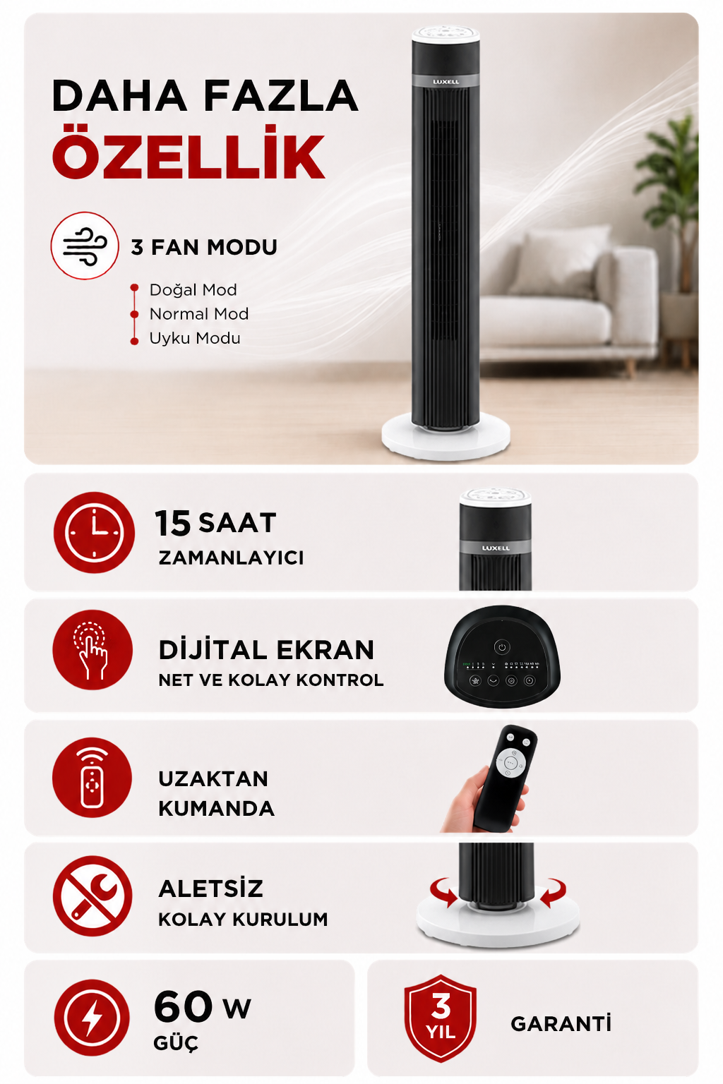 Luxell Plus 60W Uzaktan Kumandalı Kule Tipi Vantilatör Beyaz – LXF-260W