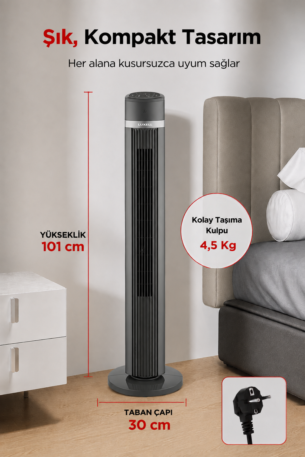Luxell Plus 60W Uzaktan Kumandalı Kule Tipi Vantilatör Gri – LXF-260G