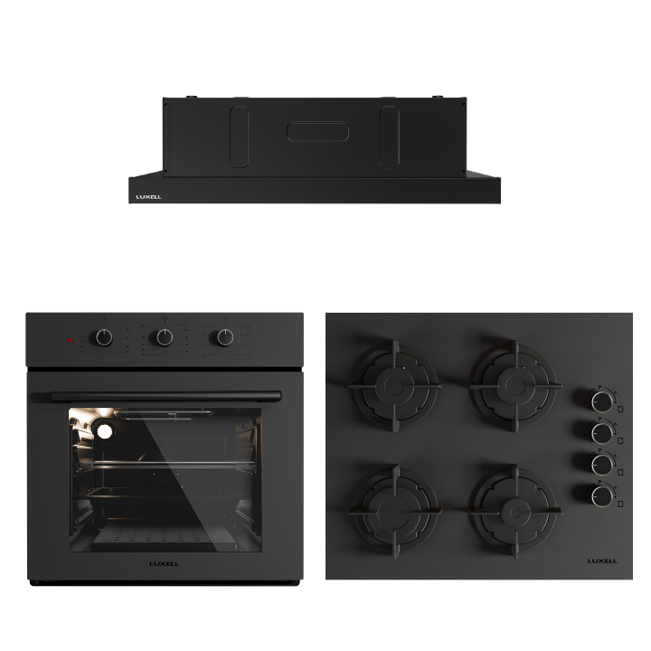 Luxell Prime Glass Aspiratörlü Siyah Cam Ankastre set 
