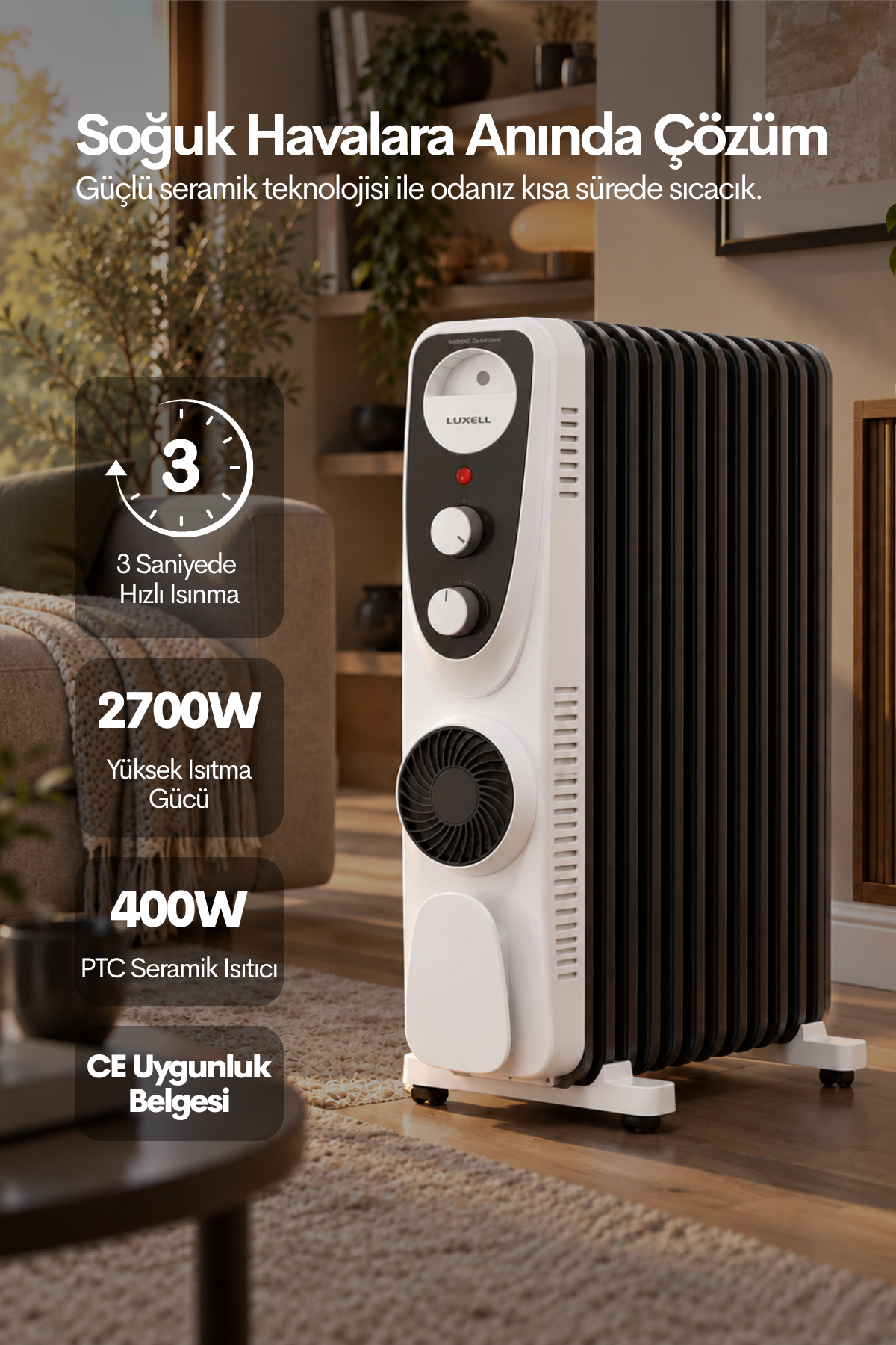 Luxell Yağlı Radyatör Elektrikli Isıtıcı Siyah Beyaz 13 Dilim – LUX13-FP-BW
