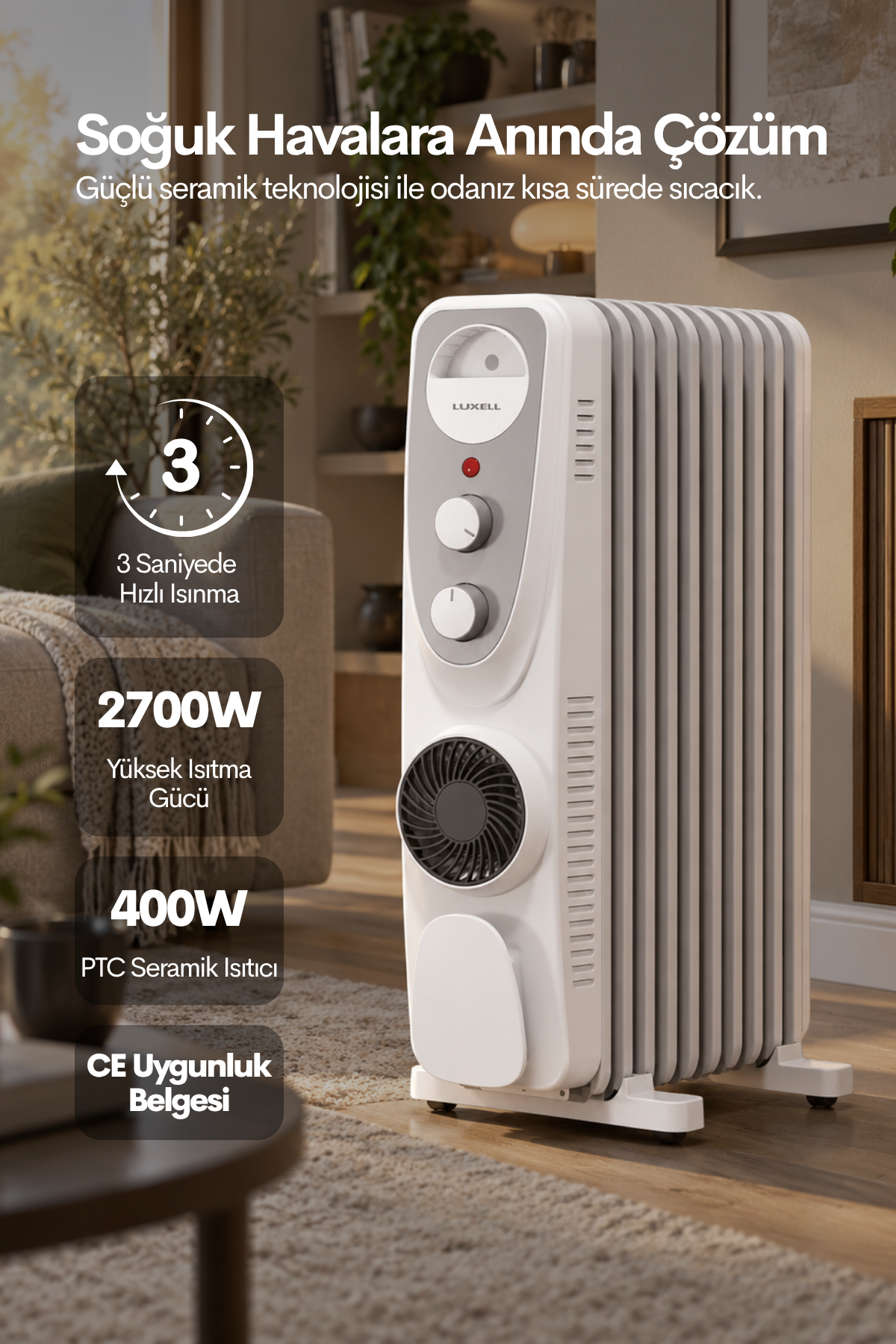 Luxell Yağlı Radyatör Elektrikli Isıtıcı Beyaz Gri 9 Dilim – LUX09-FP-WG