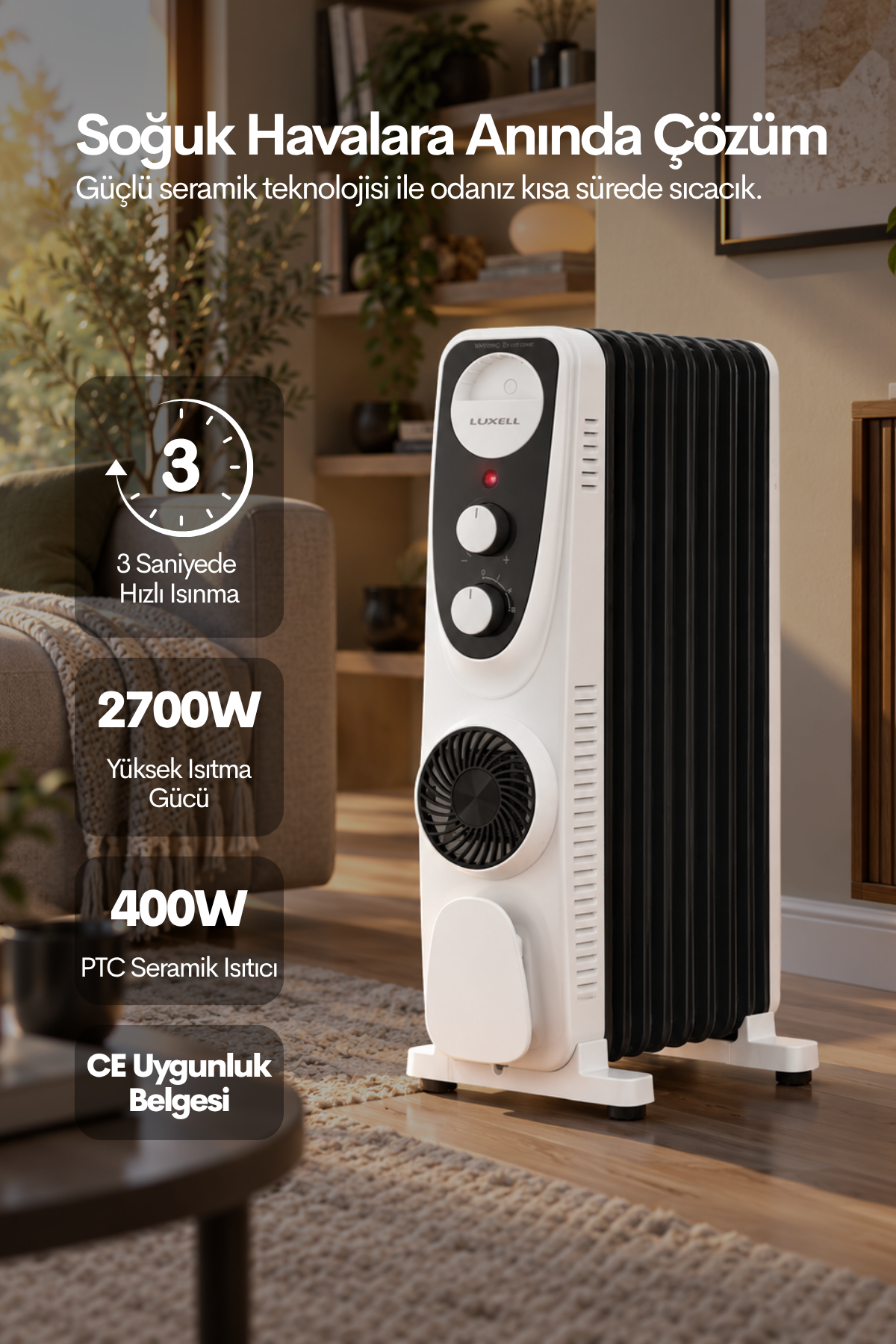 Luxell Yağlı Radyatör Elektrikli Isıtıcı Siyah Beyaz 11 Dilim – LUX11-FP-BW