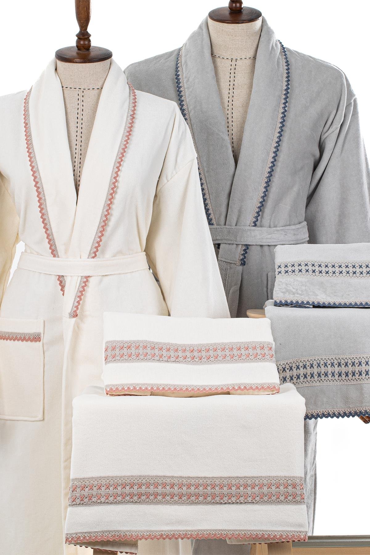 Velvet Line Classic Aile Bornoz Seti - Çarpılı