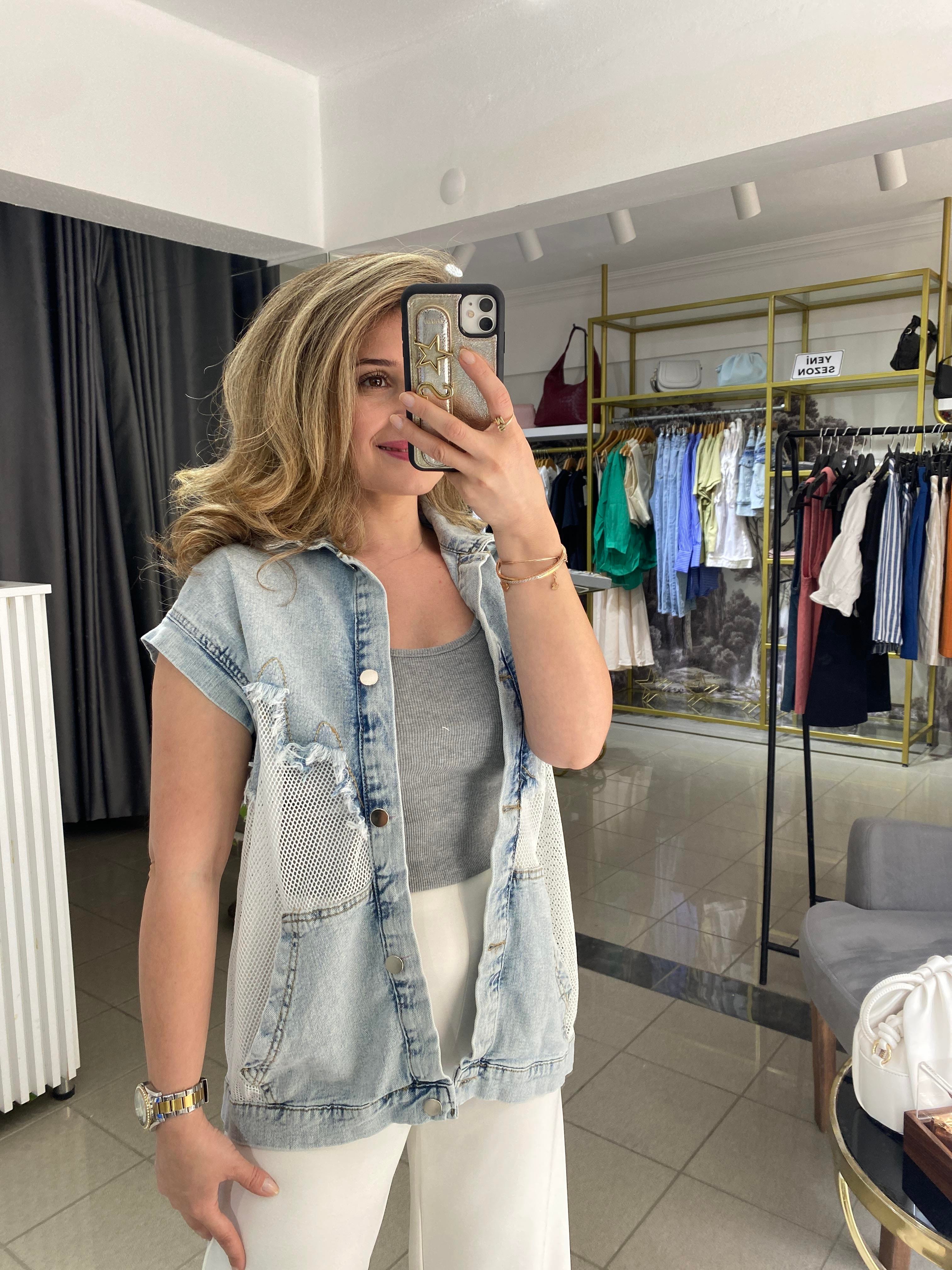 TASARIM JEAN DETAYLI FİLE YELEK