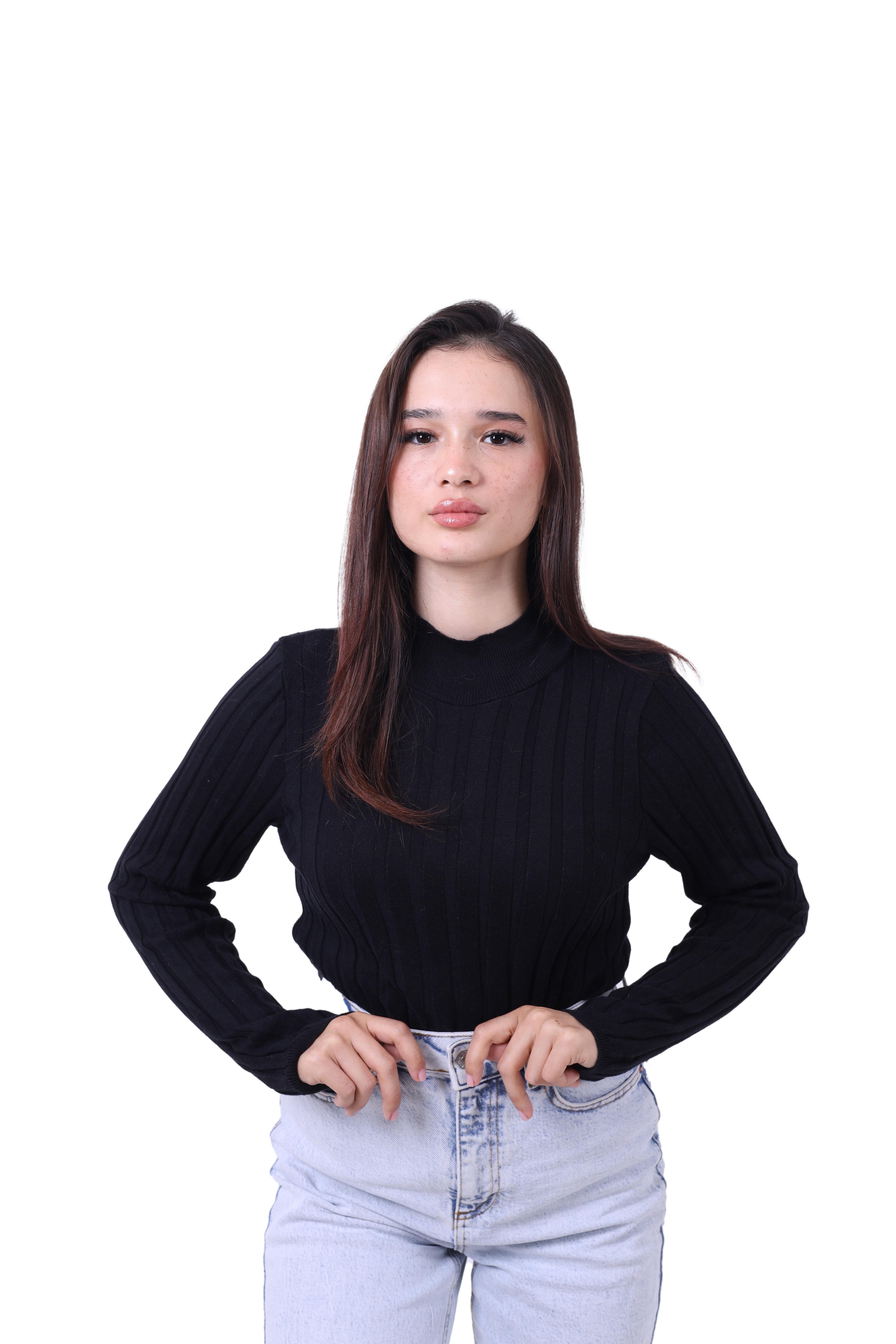 RTD&VLD Kadın Yarım Balıkçı Yaka Fitilli Triko Kazak Siyah