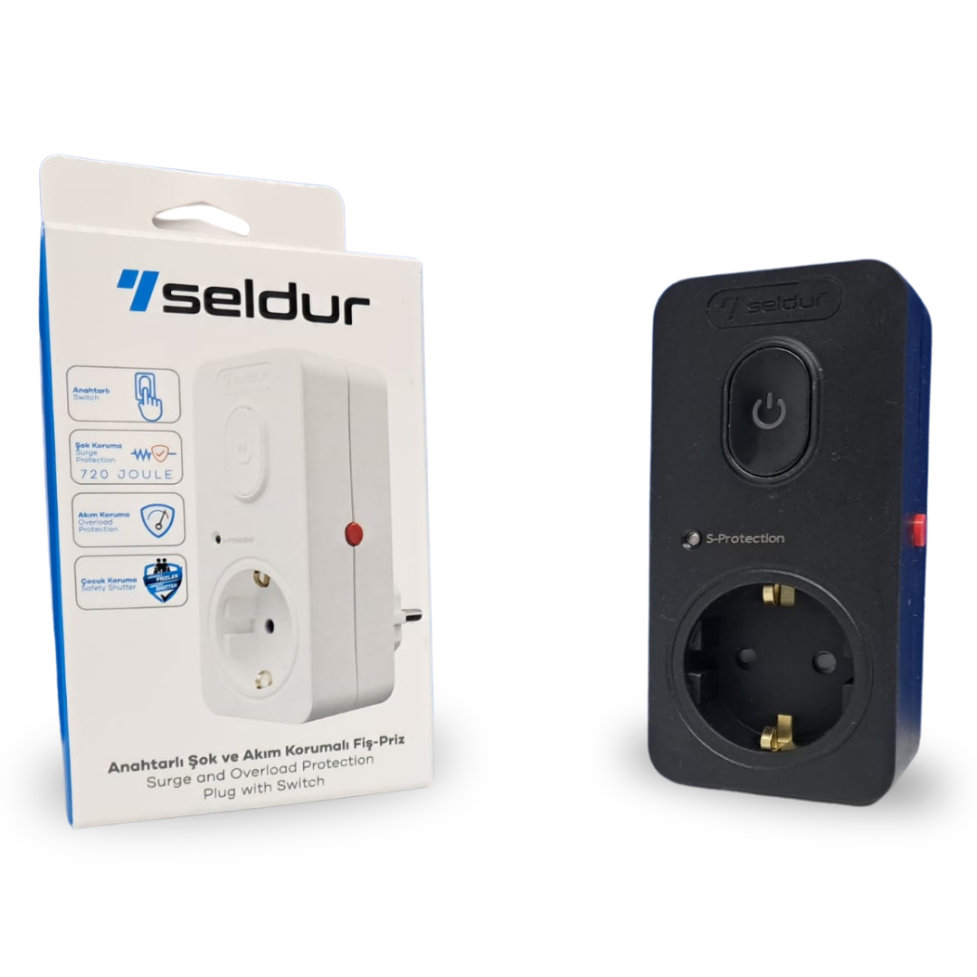 Seldur Anahtarlı Şok ve Akım Korumalı Fiş-Priz (720J) Çocuk Korumalı Siyah