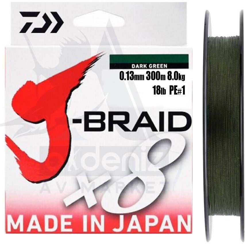 DAİWA J-Braid 8x (örgü) 0,13mm Pe#1 300m Dark Green İp MisinaDAİWA