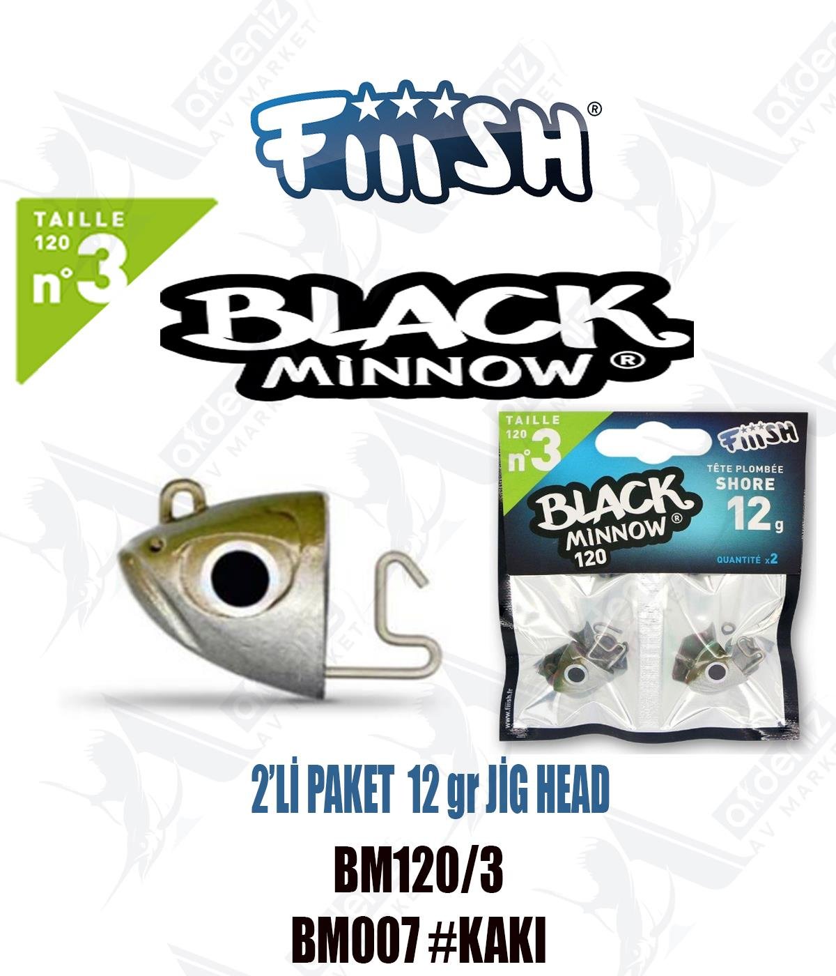 Fiiish Black Minnow BM120/3 Off Shore 12 gr Jig Head No:3 2'li Paket Color:Bm007 #Kaki FİİİSH