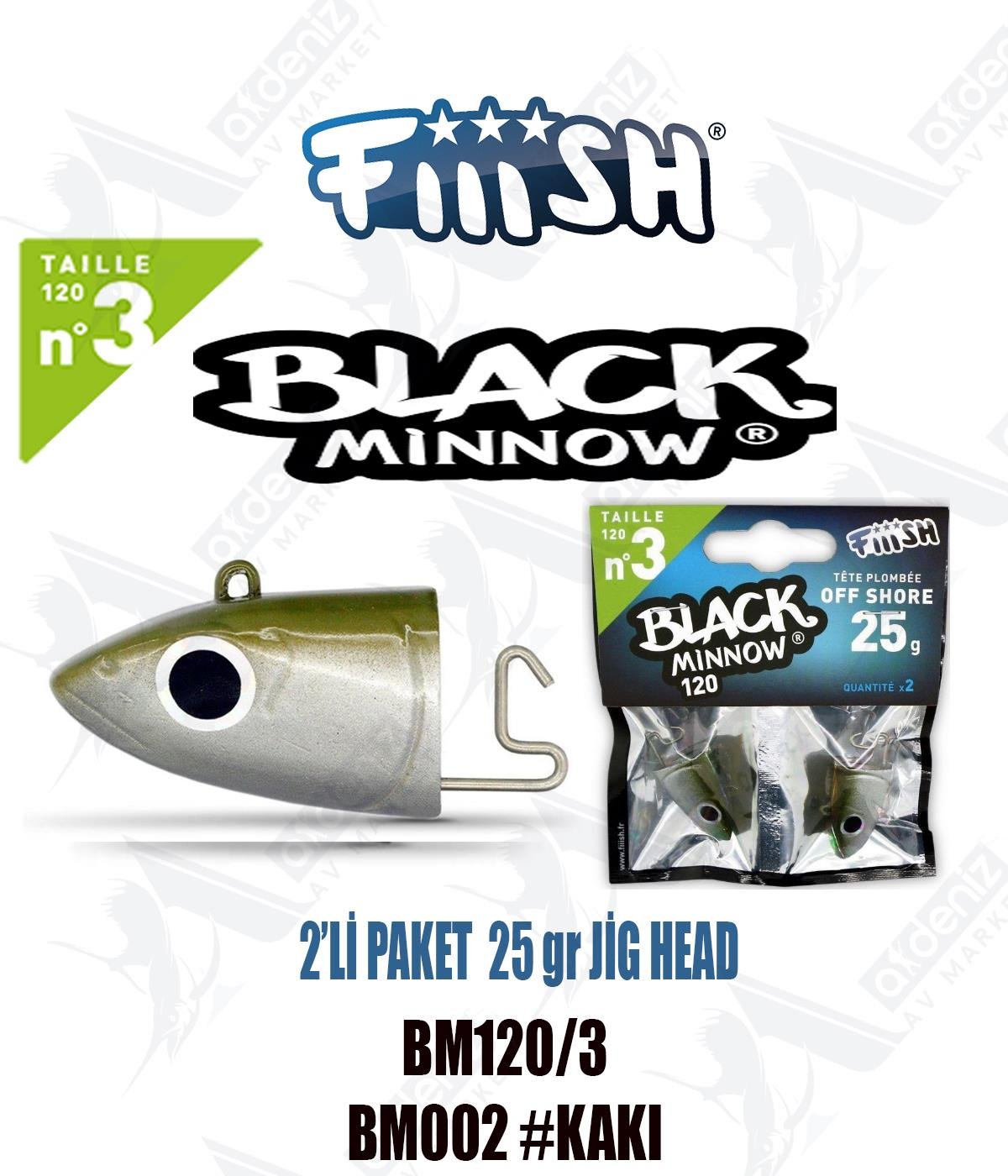 Fiiish Black Minnow BM120/3 Off Shore 25 gr Jig Head No:3 Color:Bm002 #KakiFİİİSH