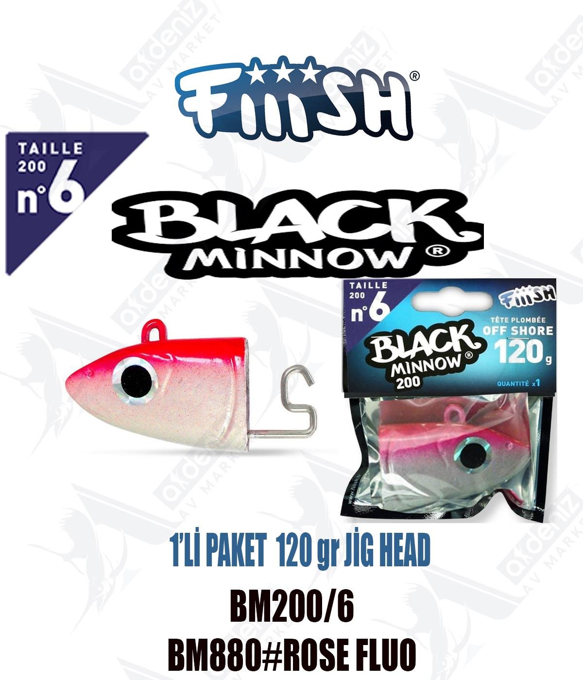 Fiiish Black Minnow BM200/6 Off Shore 120 gr Jig Head No:6 Color:Bm880 #Rose FluoFİİİSH