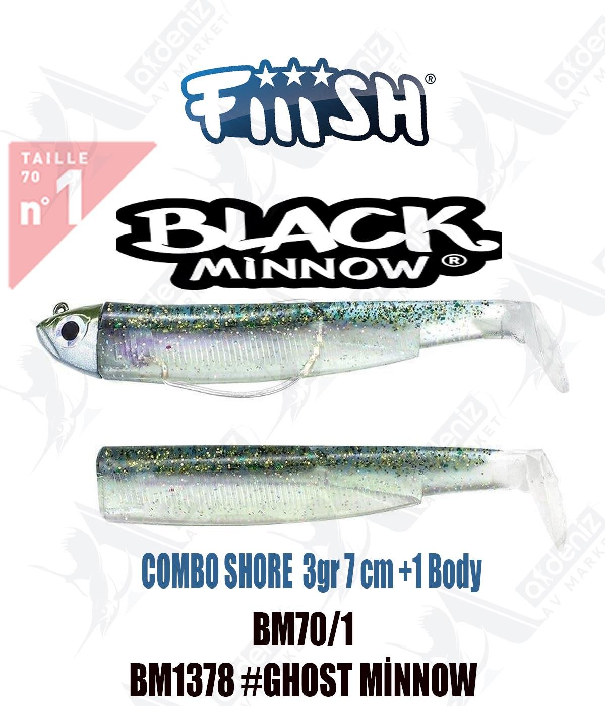 Fiiish Black Minnow BM70/1 Combo Shore +1 Body 7 cm 3 gr Silikon Yem No:1 Color:Bm1378 #Ghost MinnowFİİİSH