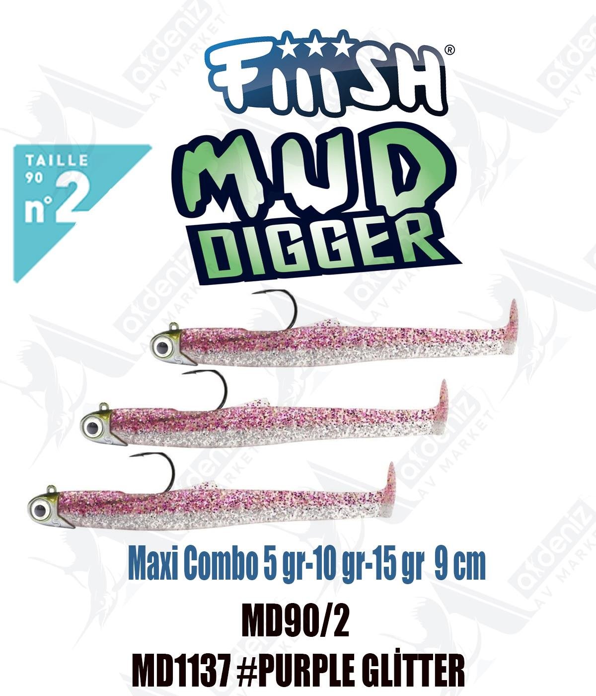 Fiiish Mud Digger MD90/2 Maxi Combo 9 cm 5-10-15 gr Silikon Yem N0:2 Color:Md1137 #Pruple GlitterFİİİSH