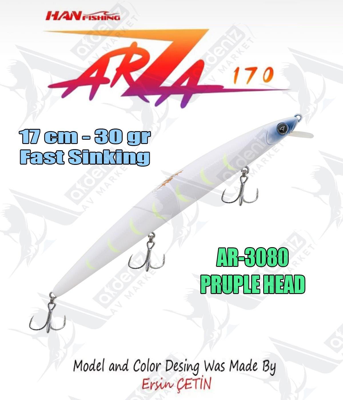 Hanfish Arıza 170 mm 30 gr Fast Sinking Maket Balık Color: Ar-3080 #Purple Head Glow HAN FİSHİNG