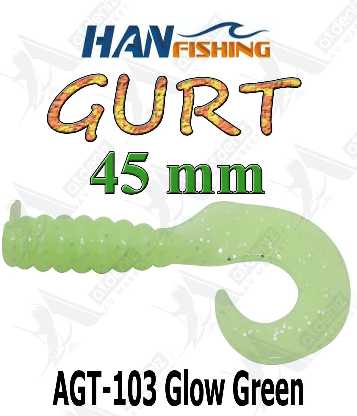 Hanfish Gurt 45 mm Orak Kuyruk Lrf/Aji Silikon Kurt 10' lu Paket #AGT-103 Glow GreenHAN FİSHİNG
