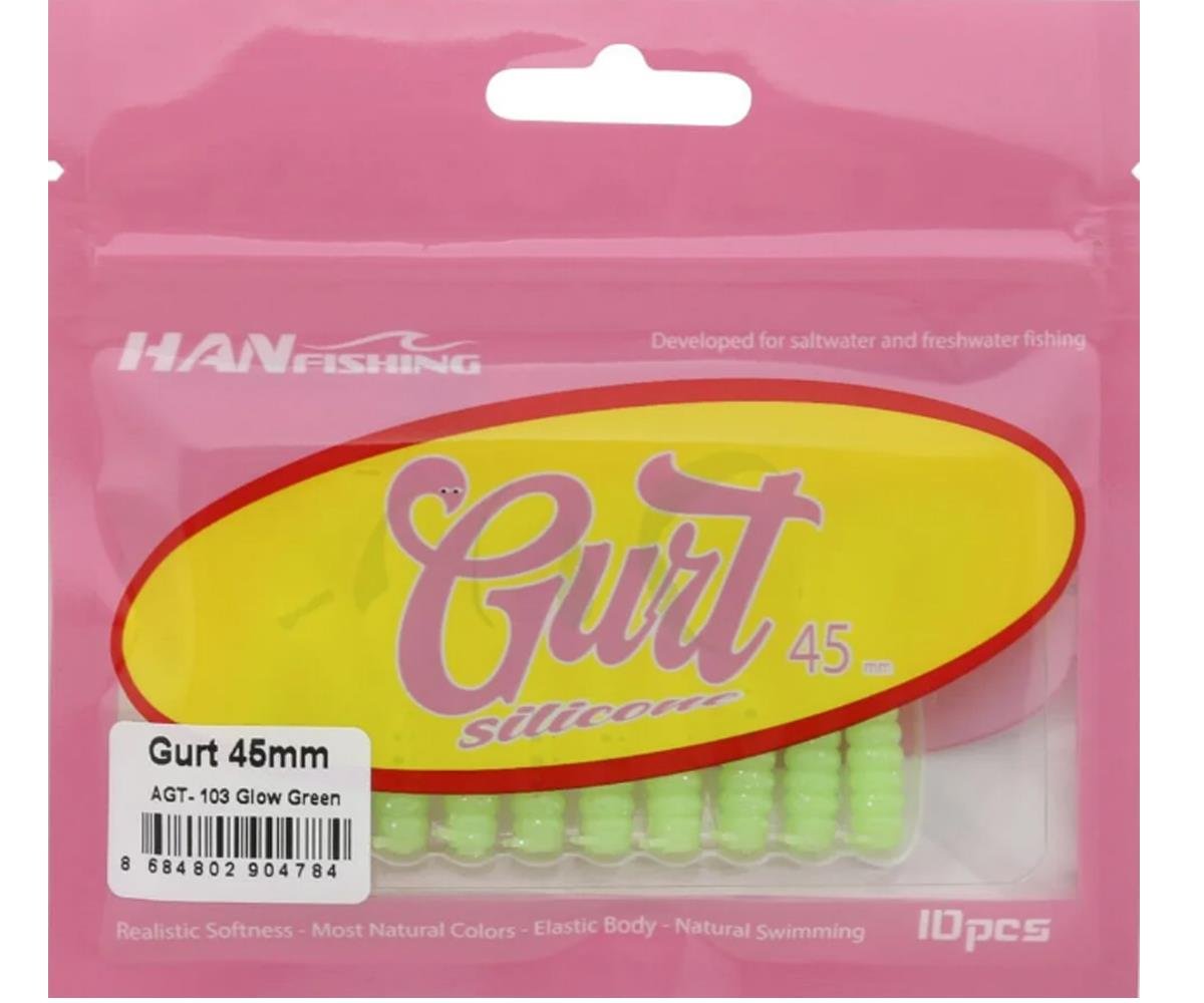 Hanfish Gurt 45 mm Orak Kuyruk Lrf/Aji Silikon Kurt 10' lu Paket #AGT-103 Glow GreenHAN FİSHİNG