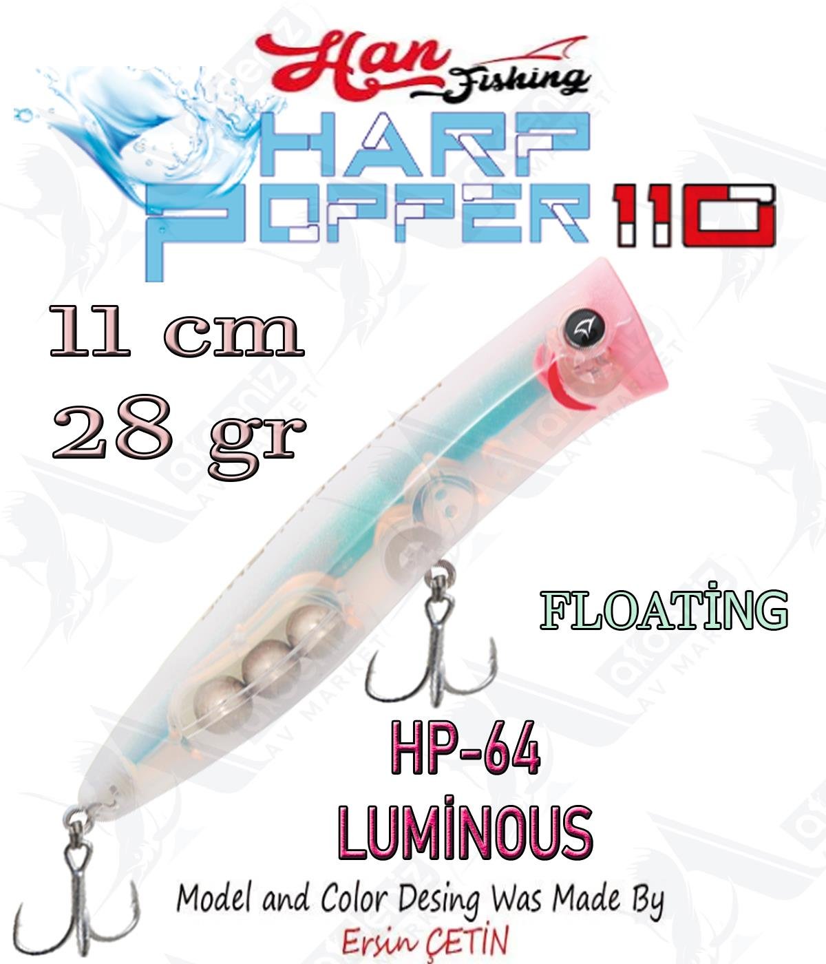 Hanfish Harp Popper 110mm 28gr Su Üstü Maket Balık #HP-64 Luminous.HAN FİSHİNG