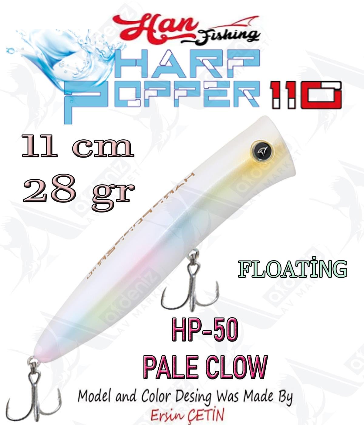 Hanfish Harp Popper 110mm 28gr Su Üstü Maket Balık #HP-50 Pale Clow.HAN FİSHİNG