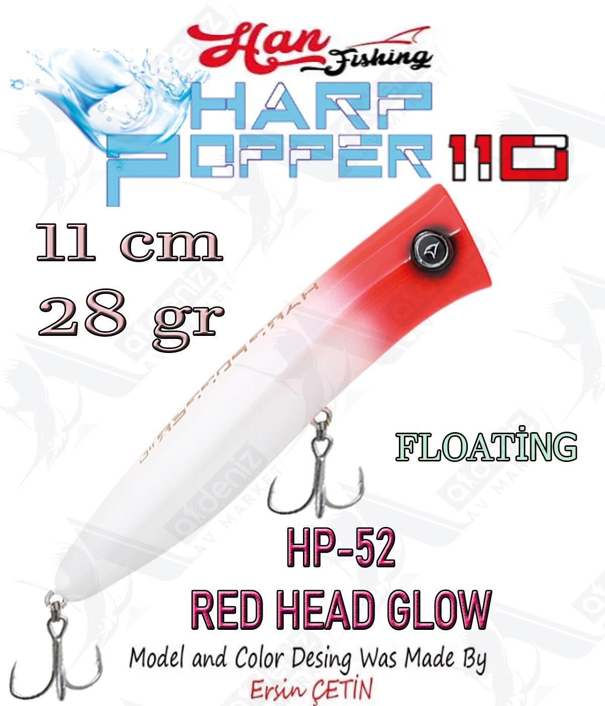 Hanfish Harp Popper 110mm 28gr Su Üstü Maket Balık #HP-52 Red Head Glow.HAN FİSHİNG