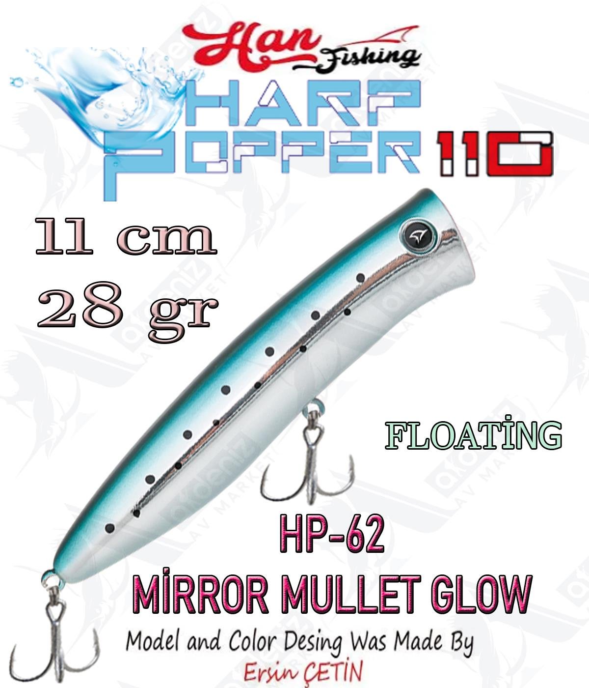Hanfish Harp Popper 110mm 28gr Su Üstü Maket Balık #HP-62 Mirror Mullet Glow.HAN FİSHİNG