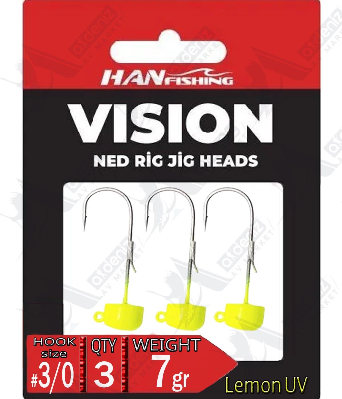 Hanfish Jighead Vision Ned Rig Lemon UV LMJ-30-7 Hook Size:3/0 Weight:7 Gr (3 Pcs)HAN FİSHİNG